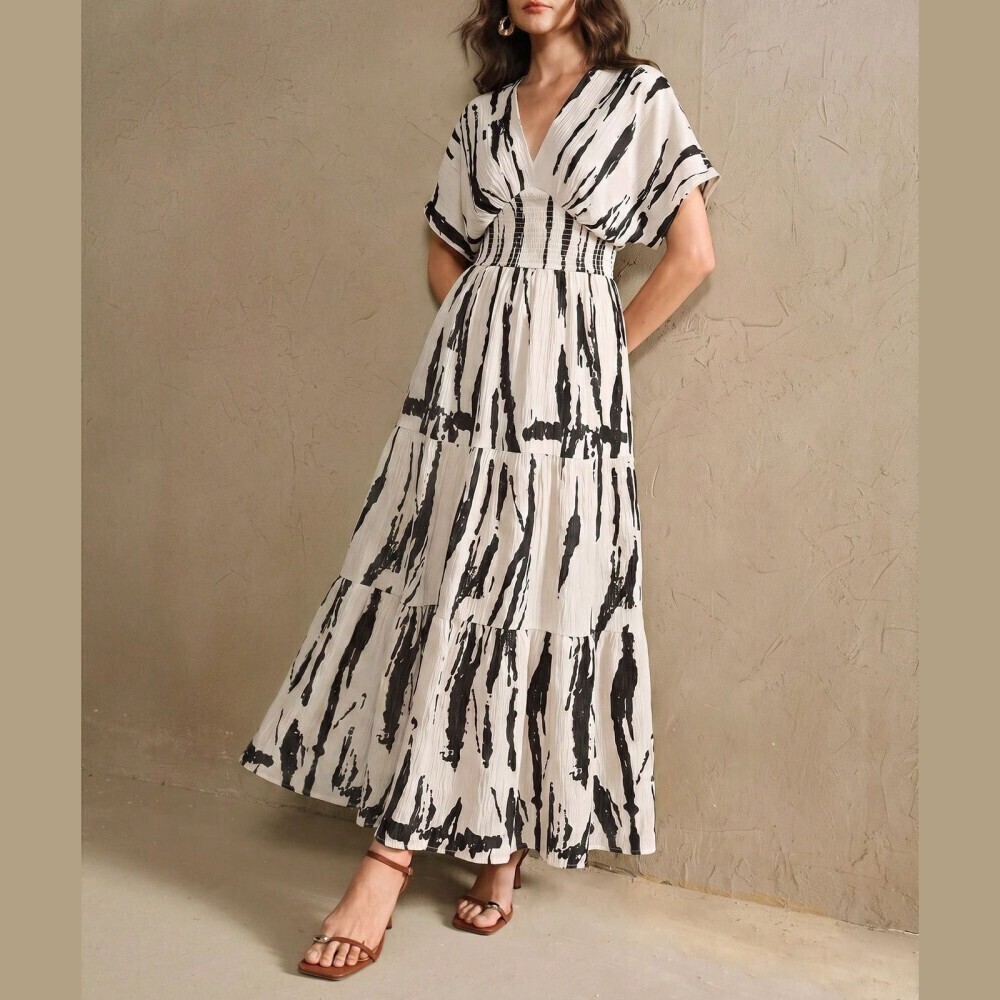 Black / Black Abstract Brush Print V Neck Smocked Waist Tiered Maxi Dress